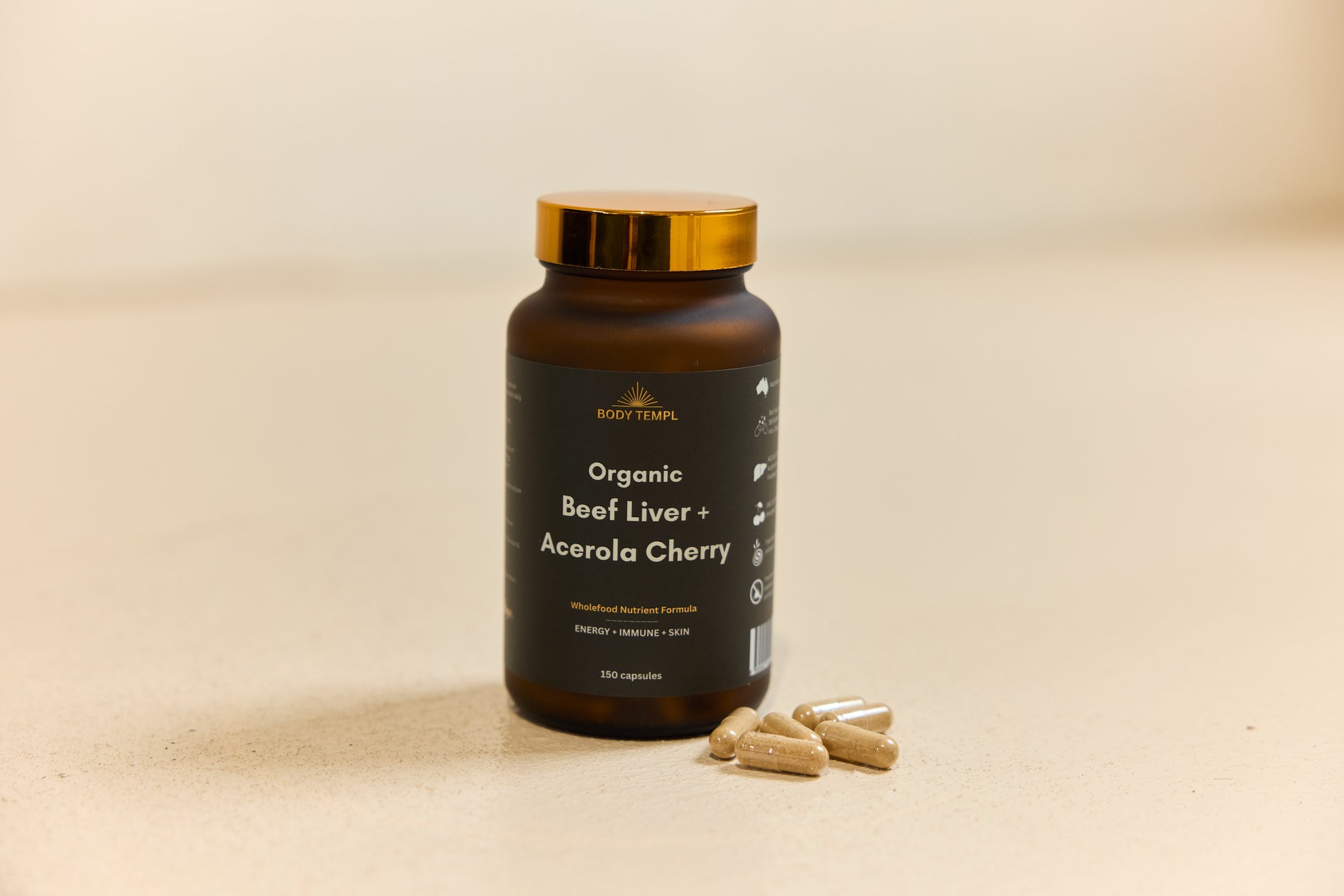 Body Templ Organic Beef Liver and Acerola Cherry capsules in amber glass jar with gold lid